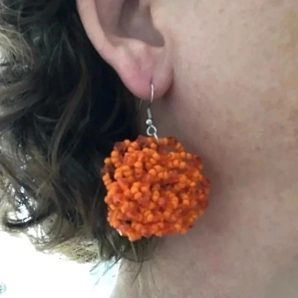 Bright Orange Flower Seed Bead Handmade Drop Earrings - Picture 1 of 4